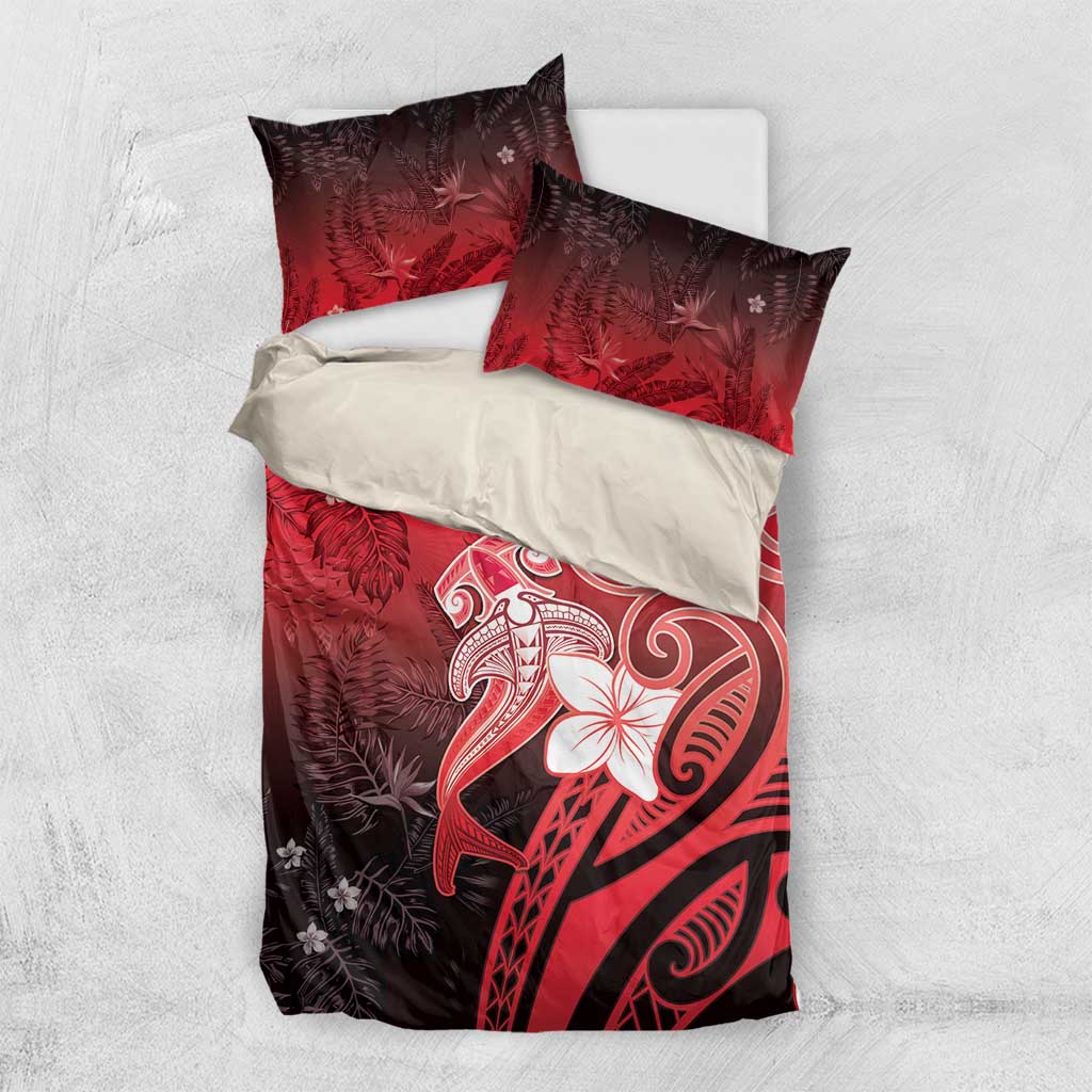 Polynesia Hammerhead Shark Bedding Set Red Tribal Pattern With Plumeria LT05 US Twin 172cm x 218cm Red - Polynesian Pride