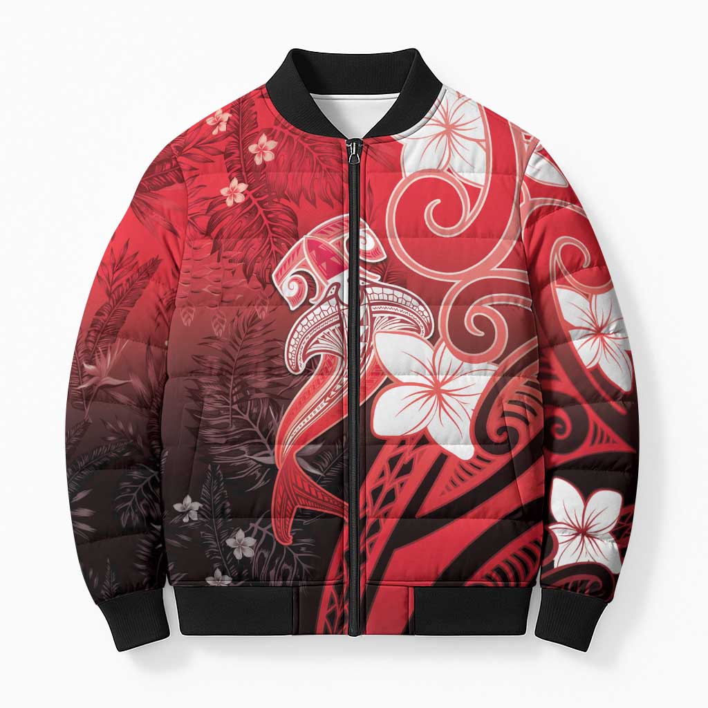 Polynesia Hammerhead Shark Bomber Puffer Jacket Red Tribal Pattern With Plumeria LT05 Unisex Red - Polynesian Pride