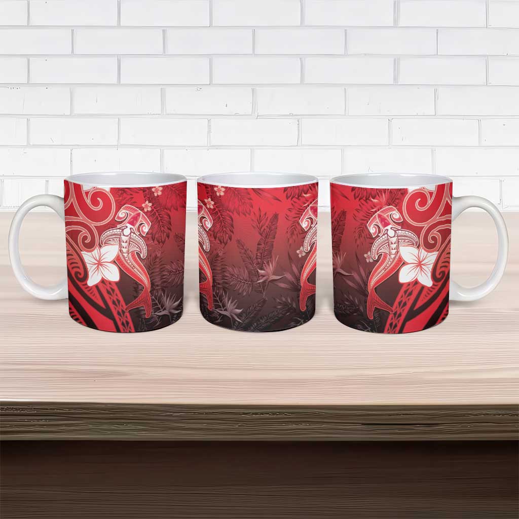 Polynesia Hammerhead Shark Ceramic Mug Red Tribal Pattern With Plumeria LT05 - Polynesian Pride