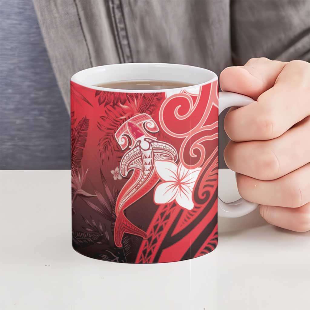 Polynesia Hammerhead Shark Ceramic Mug Red Tribal Pattern With Plumeria LT05 - Polynesian Pride