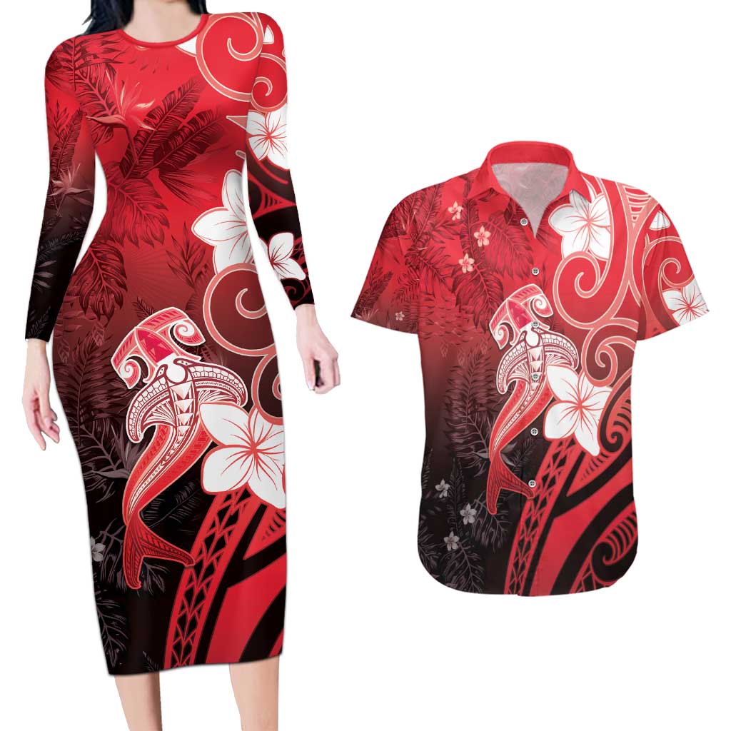 Polynesia Hammerhead Shark Couples Matching Long Sleeve Bodycon Dress and Hawaiian Shirt Red Tribal Pattern With Plumeria LT05 Red - Polynesian Pride