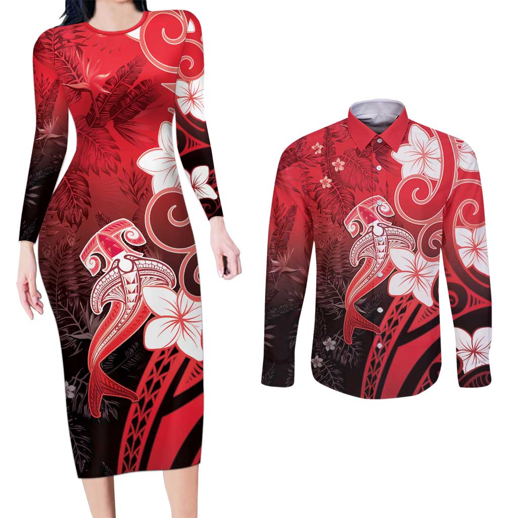 Polynesia Hammerhead Shark Couples Matching Long Sleeve Bodycon Dress and Long Sleeve Button Shirt Red Tribal Pattern With Plumeria LT05 Red - Polynesian Pride