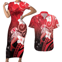 Polynesia Hammerhead Shark Couples Matching Short Sleeve Bodycon Dress and Hawaiian Shirt Red Tribal Pattern With Plumeria LT05 Red - Polynesian Pride