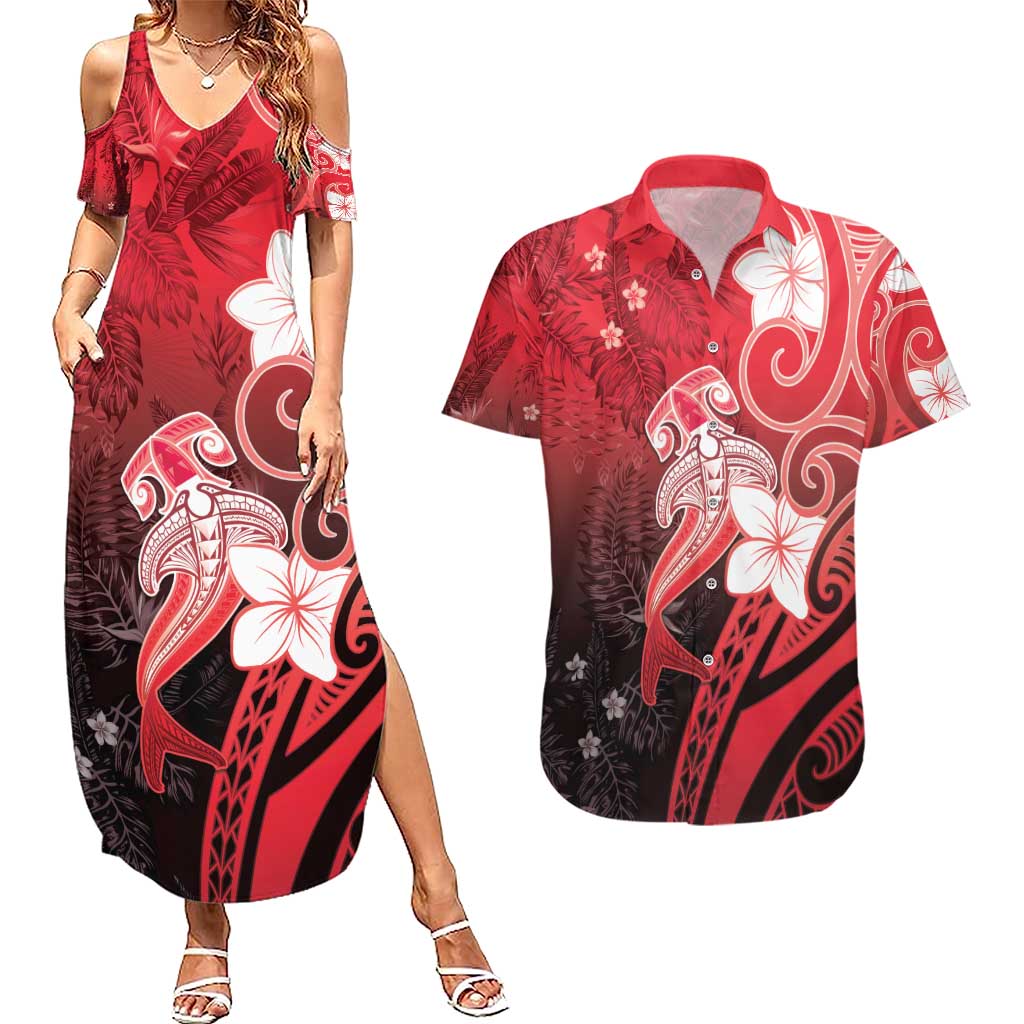 Polynesia Hammerhead Shark Couples Matching Summer Maxi Dress and Hawaiian Shirt Red Tribal Pattern With Plumeria LT05 Red - Polynesian Pride
