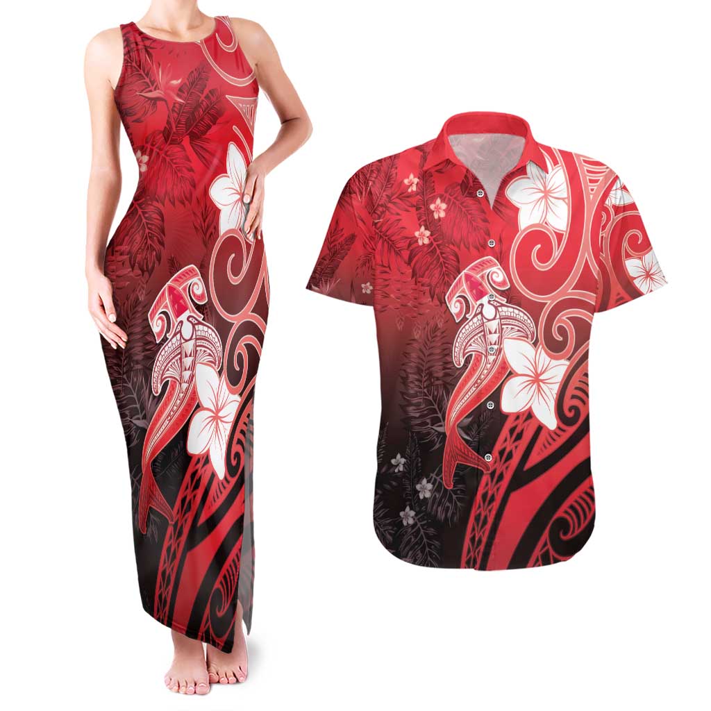 Polynesia Hammerhead Shark Couples Matching Tank Maxi Dress and Hawaiian Shirt Red Tribal Pattern With Plumeria - Polynesian Pride