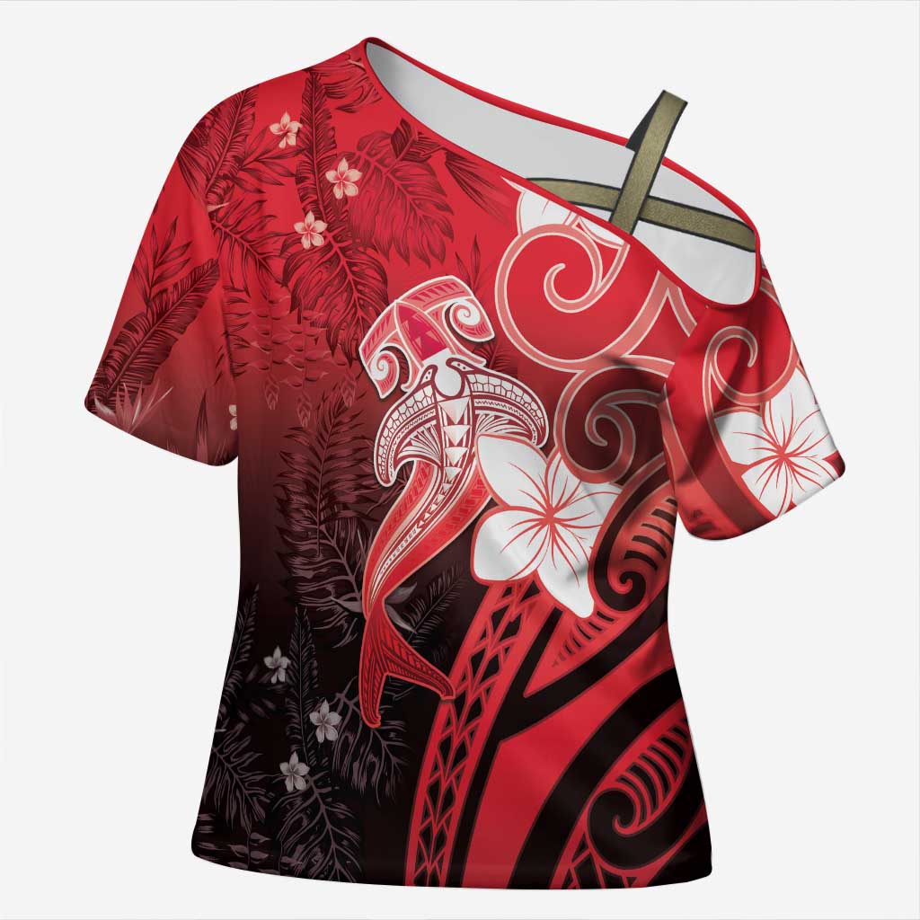 Polynesia Hammerhead Shark Cross Shoulder Shirt Red Tribal Pattern With Plumeria LT05 Female Red - Polynesian Pride
