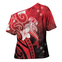 Polynesia Hammerhead Shark Cross Shoulder Shirt Red Tribal Pattern With Plumeria LT05 - Polynesian Pride