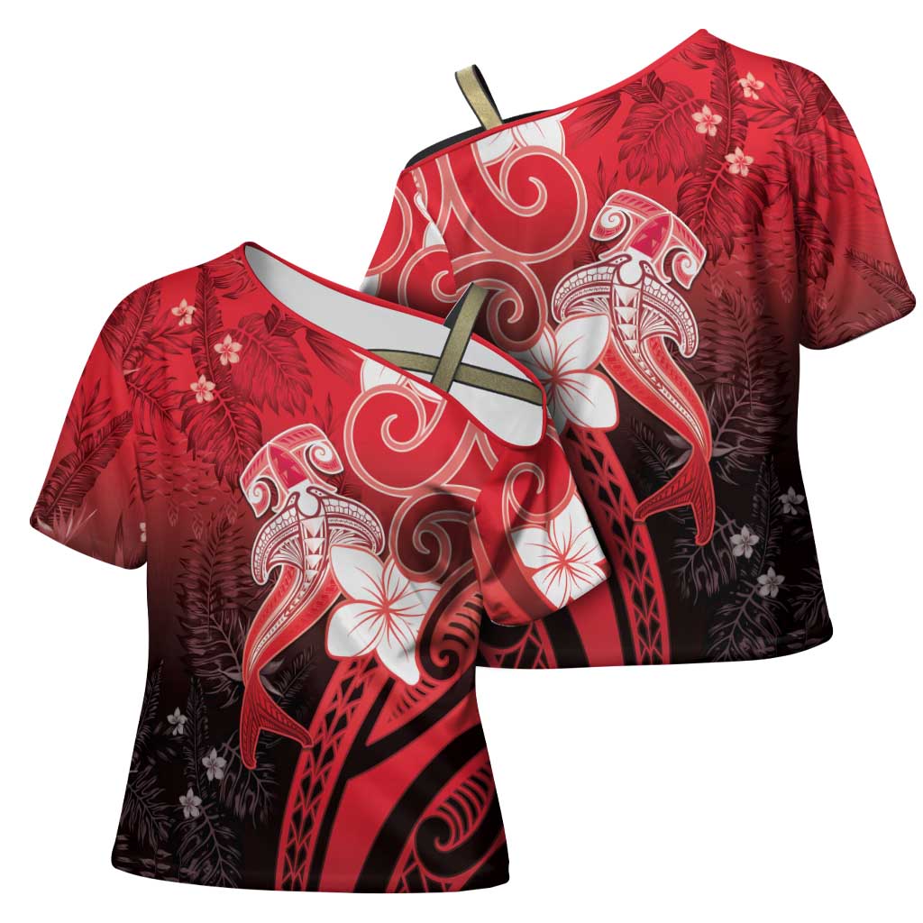 Polynesia Hammerhead Shark Cross Shoulder Shirt Red Tribal Pattern With Plumeria LT05 - Polynesian Pride