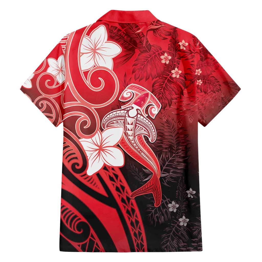 Polynesia Hammerhead Shark Family Matching Long Sleeve Bodycon Dress and Hawaiian Shirt Red Tribal Pattern With Plumeria LT05 - Polynesian Pride