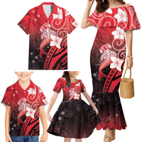 Polynesia Hammerhead Shark Family Matching Mermaid Dress and Hawaiian Shirt Red Tribal Pattern With Plumeria LT05 - Polynesian Pride