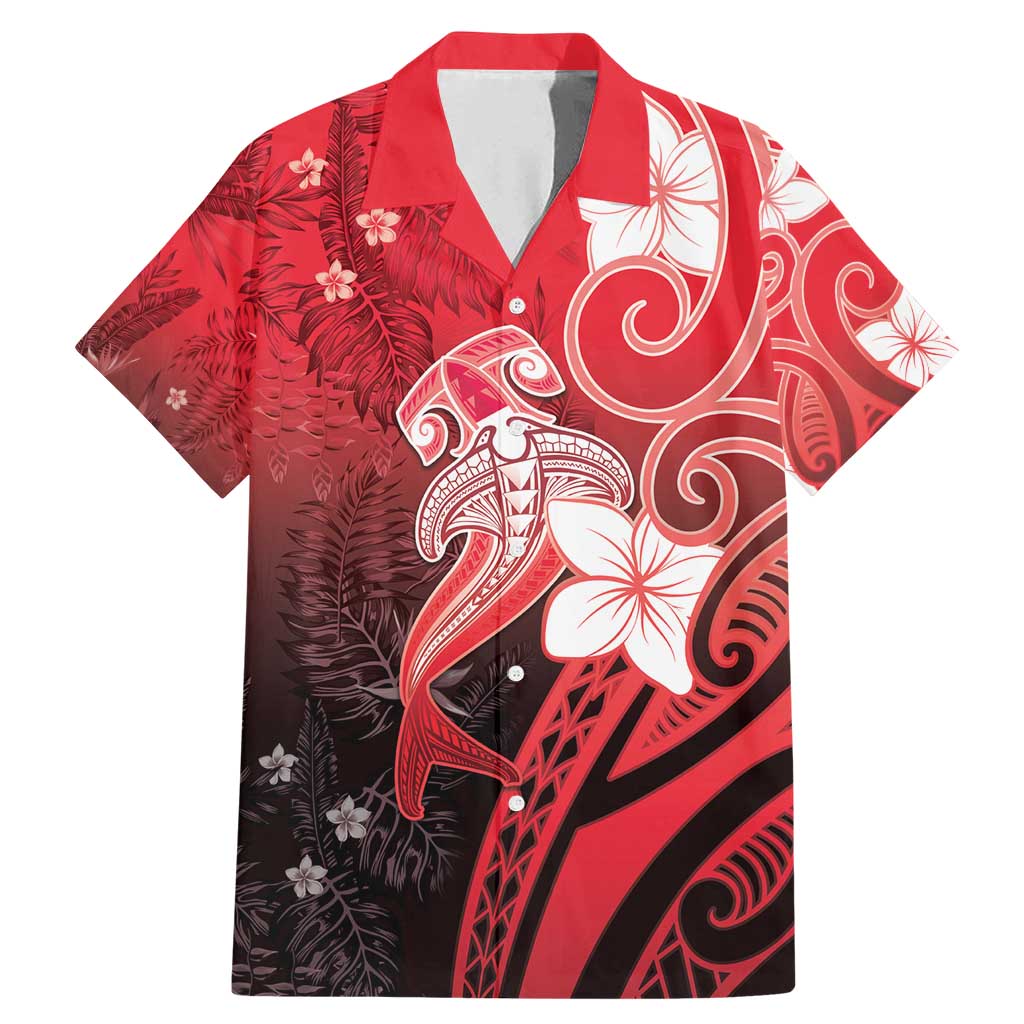 Polynesia Hammerhead Shark Family Matching Mermaid Dress and Hawaiian Shirt Red Tribal Pattern With Plumeria LT05 Dad's Shirt - Short Sleeve Red - Polynesian Pride
