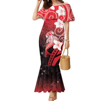 Polynesia Hammerhead Shark Family Matching Mermaid Dress and Hawaiian Shirt Red Tribal Pattern With Plumeria LT05 Mom's Dress Red - Polynesian Pride