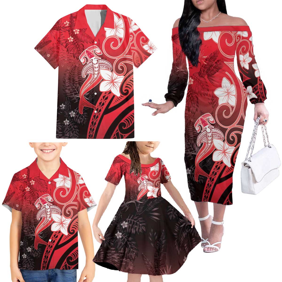 Polynesia Hammerhead Shark Family Matching Off The Shoulder Long Sleeve Dress and Hawaiian Shirt Red Tribal Pattern With Plumeria LT05 - Polynesian Pride