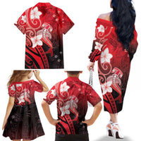 Polynesia Hammerhead Shark Family Matching Off The Shoulder Long Sleeve Dress and Hawaiian Shirt Red Tribal Pattern With Plumeria LT05 - Polynesian Pride