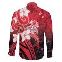 Polynesia Hammerhead Shark Family Matching Off The Shoulder Long Sleeve Dress and Hawaiian Shirt Red Tribal Pattern With Plumeria LT05 - Polynesian Pride