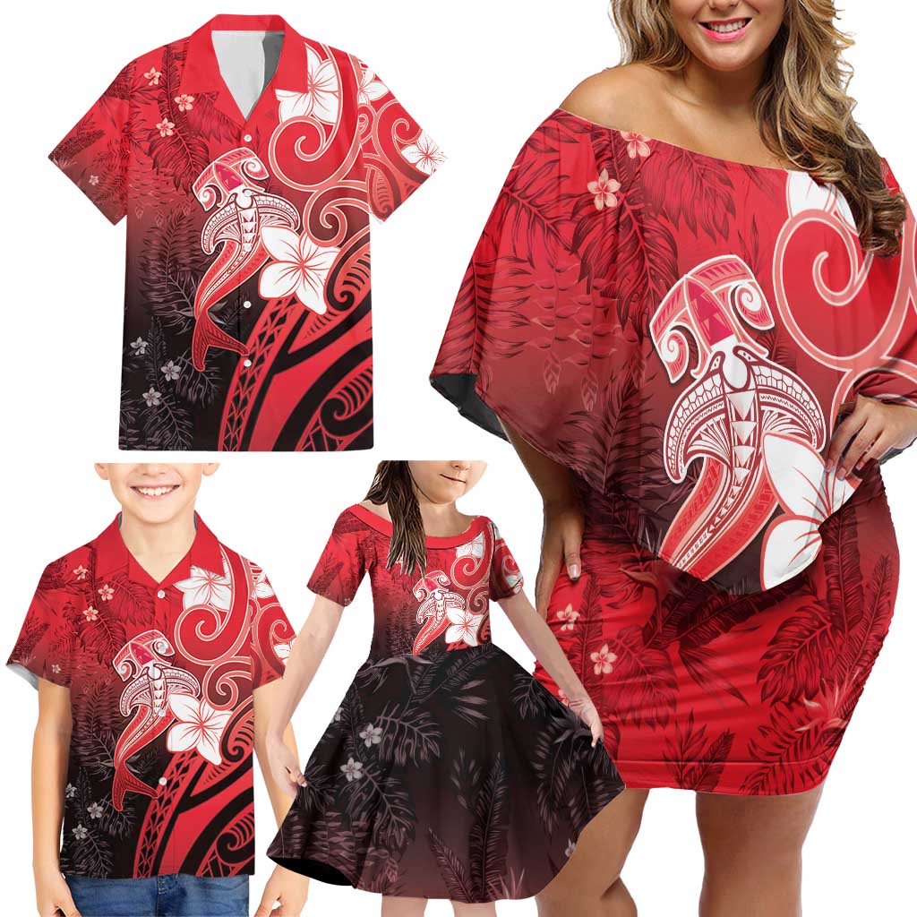 Polynesia Hammerhead Shark Family Matching Off Shoulder Short Dress and Hawaiian Shirt Red Tribal Pattern With Plumeria LT05 - Polynesian Pride