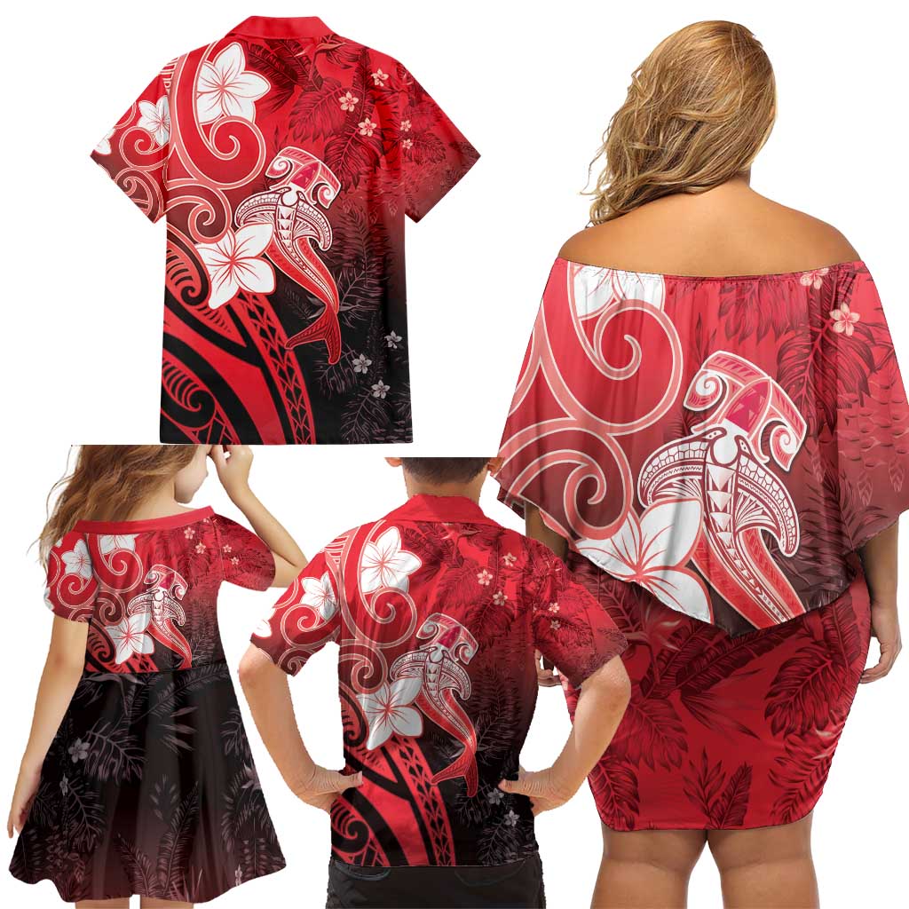 Polynesia Hammerhead Shark Family Matching Off Shoulder Short Dress and Hawaiian Shirt Red Tribal Pattern With Plumeria LT05 - Polynesian Pride