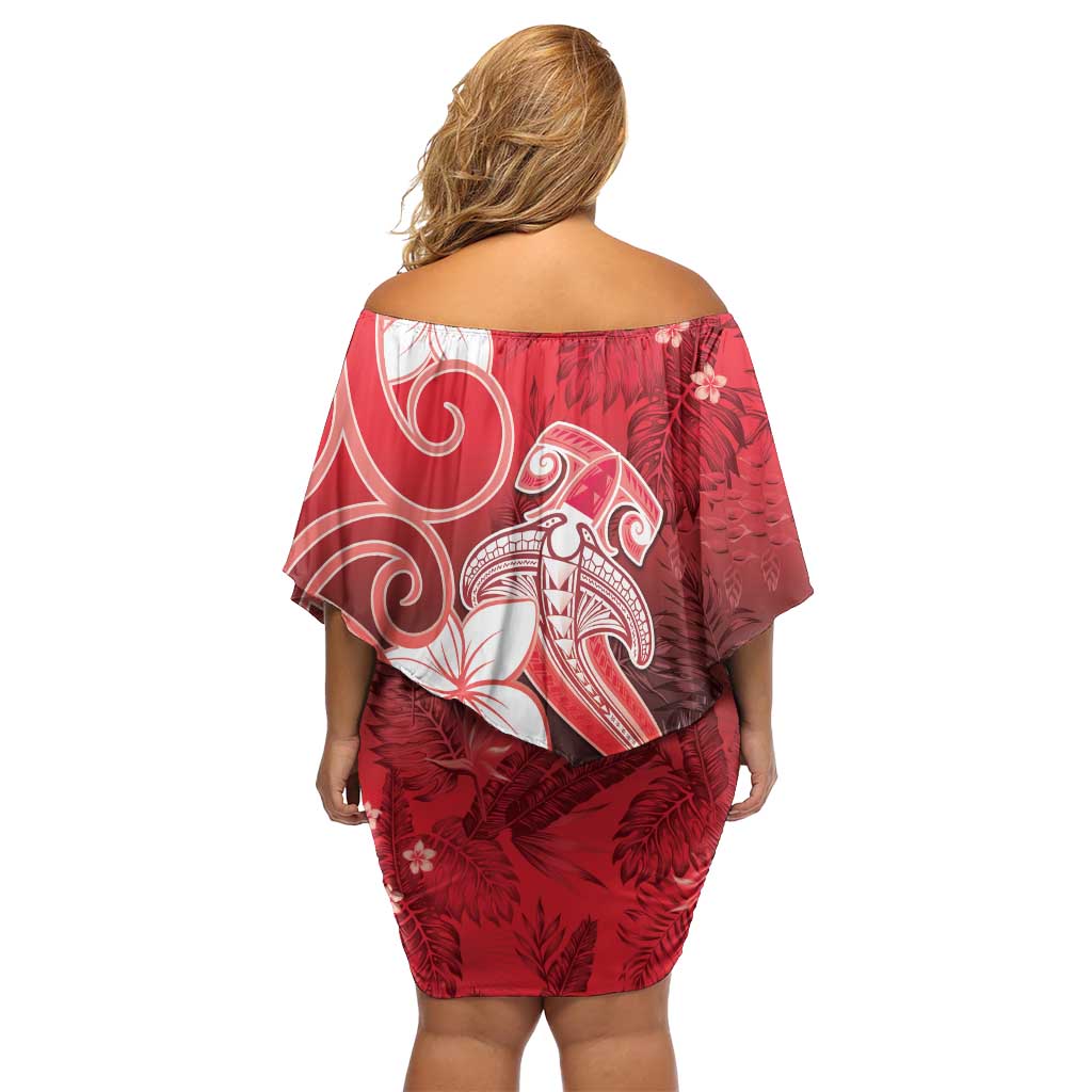 Polynesia Hammerhead Shark Family Matching Off Shoulder Short Dress and Hawaiian Shirt Red Tribal Pattern With Plumeria LT05 - Polynesian Pride