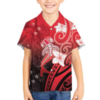 Polynesia Hammerhead Shark Family Matching Off Shoulder Short Dress and Hawaiian Shirt Red Tribal Pattern With Plumeria LT05 Son's Shirt Red - Polynesian Pride