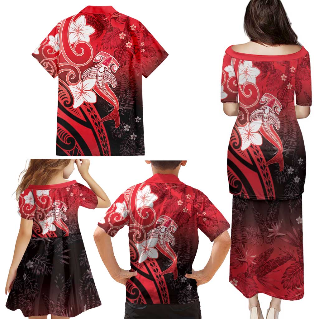 Polynesia Hammerhead Shark Family Matching Puletasi and Hawaiian Shirt Red Tribal Pattern With Plumeria LT05 - Polynesian Pride