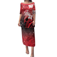 Polynesia Hammerhead Shark Family Matching Puletasi and Hawaiian Shirt Red Tribal Pattern With Plumeria LT05 Mom's Dress Red - Polynesian Pride