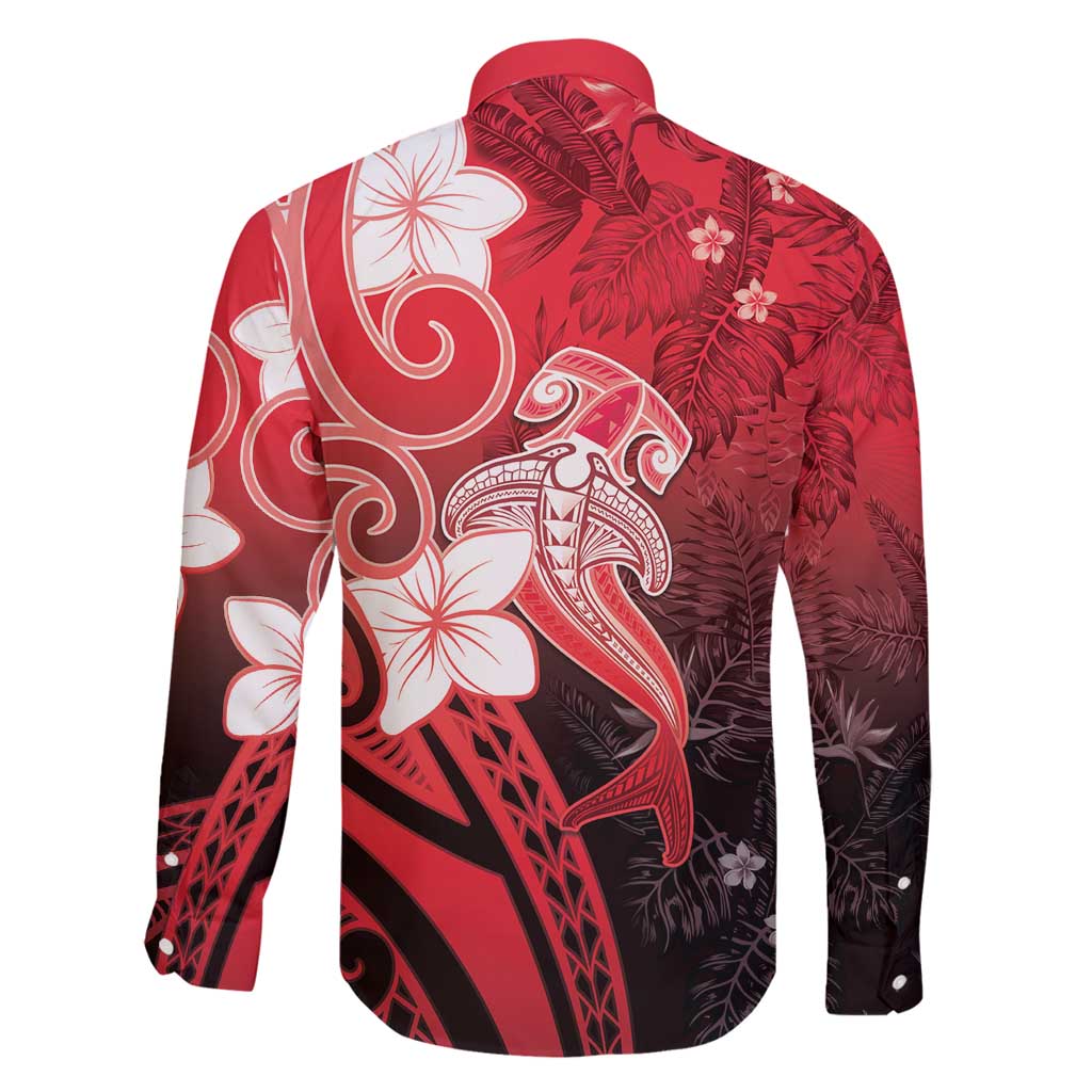 Polynesia Hammerhead Shark Family Matching Summer Maxi Dress and Hawaiian Shirt Red Tribal Pattern With Plumeria LT05 - Polynesian Pride