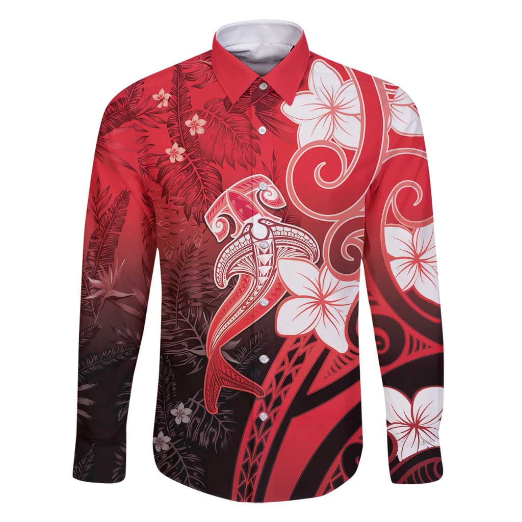 Polynesia Hammerhead Shark Family Matching Tank Maxi Dress and Hawaiian Shirt Red Tribal Pattern With Plumeria LT05 Dad's Shirt - Long Sleeve Red - Polynesian Pride