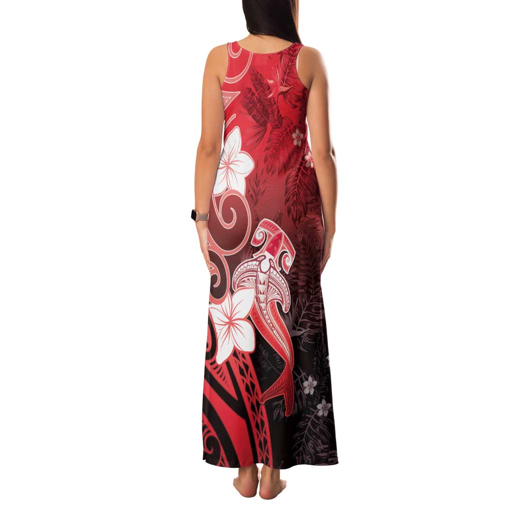 Polynesia Hammerhead Shark Family Matching Tank Maxi Dress and Hawaiian Shirt Red Tribal Pattern With Plumeria LT05 - Polynesian Pride