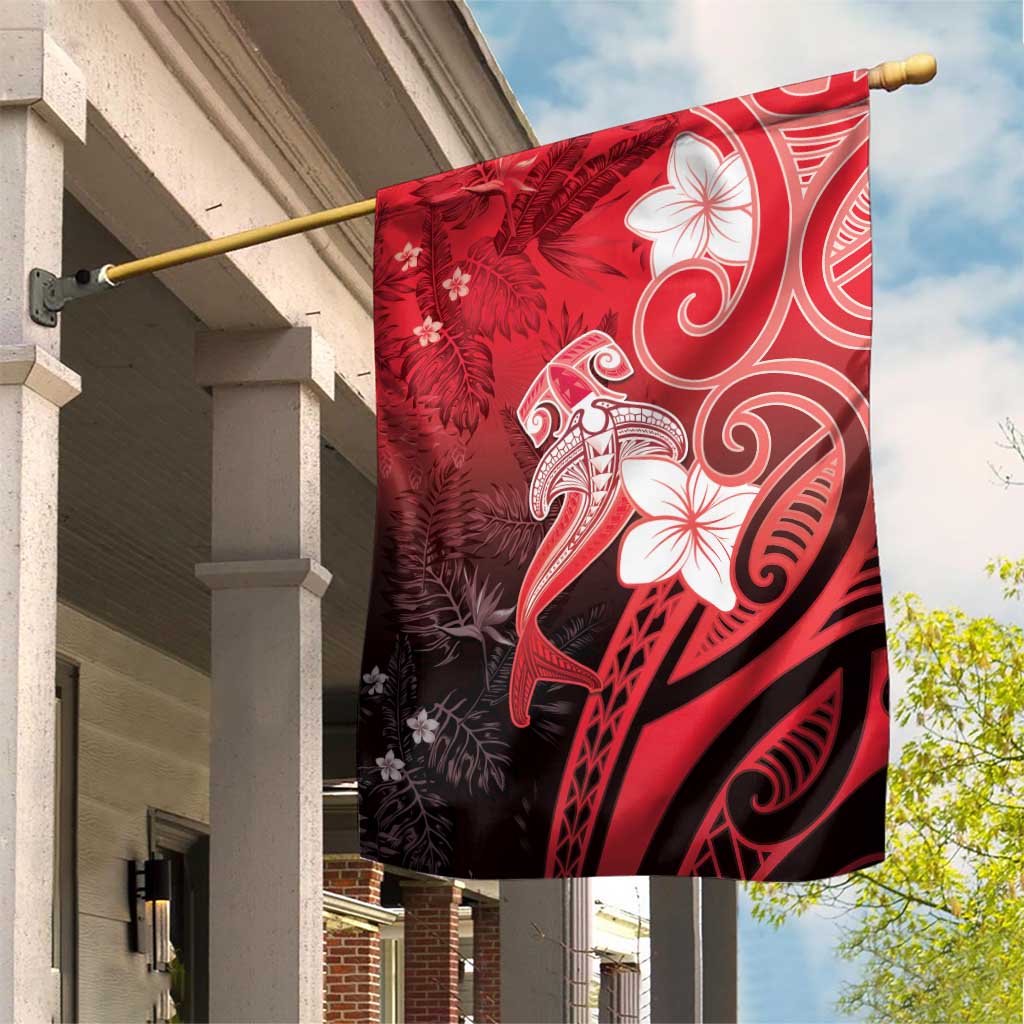 Polynesia Hammerhead Shark Garden Flag Red Tribal Pattern With Plumeria LT05 House Flag Red - Polynesian Pride