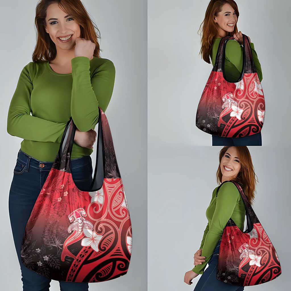 Polynesia Hammerhead Shark Grocery Bag Red Tribal Pattern With Plumeria LT05 - Polynesian Pride