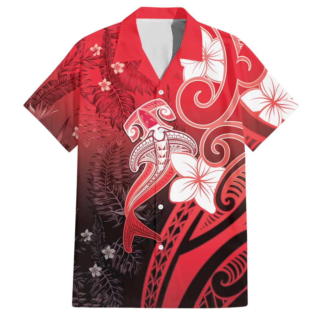 Polynesia Hammerhead Shark Hawaiian Shirt Red Tribal Pattern With Plumeria - Polynesian Pride