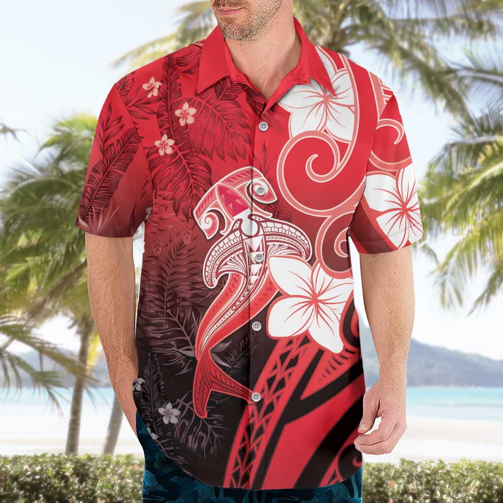 Polynesia Hammerhead Shark Hawaiian Shirt Red Tribal Pattern With Plumeria - Polynesian Pride