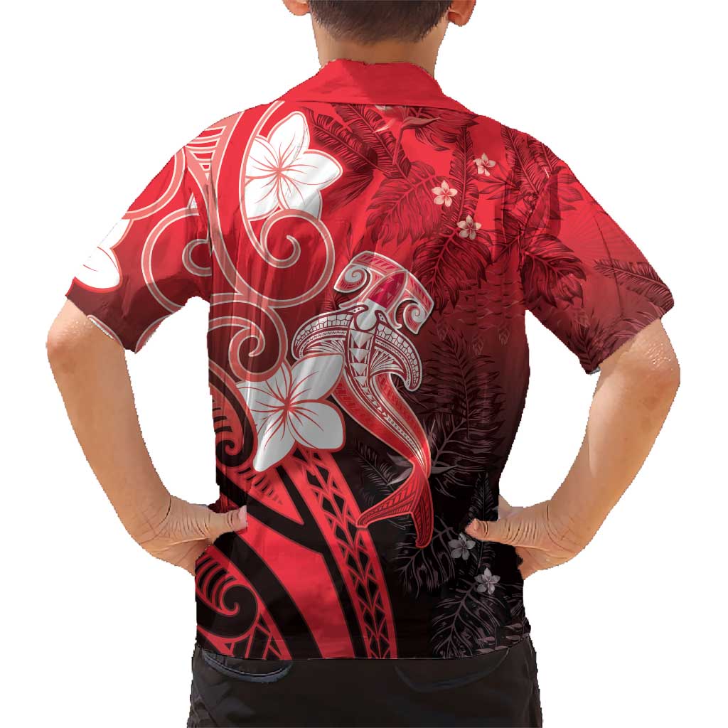 Polynesia Hammerhead Shark Hawaiian Shirt Red Tribal Pattern With Plumeria - Polynesian Pride