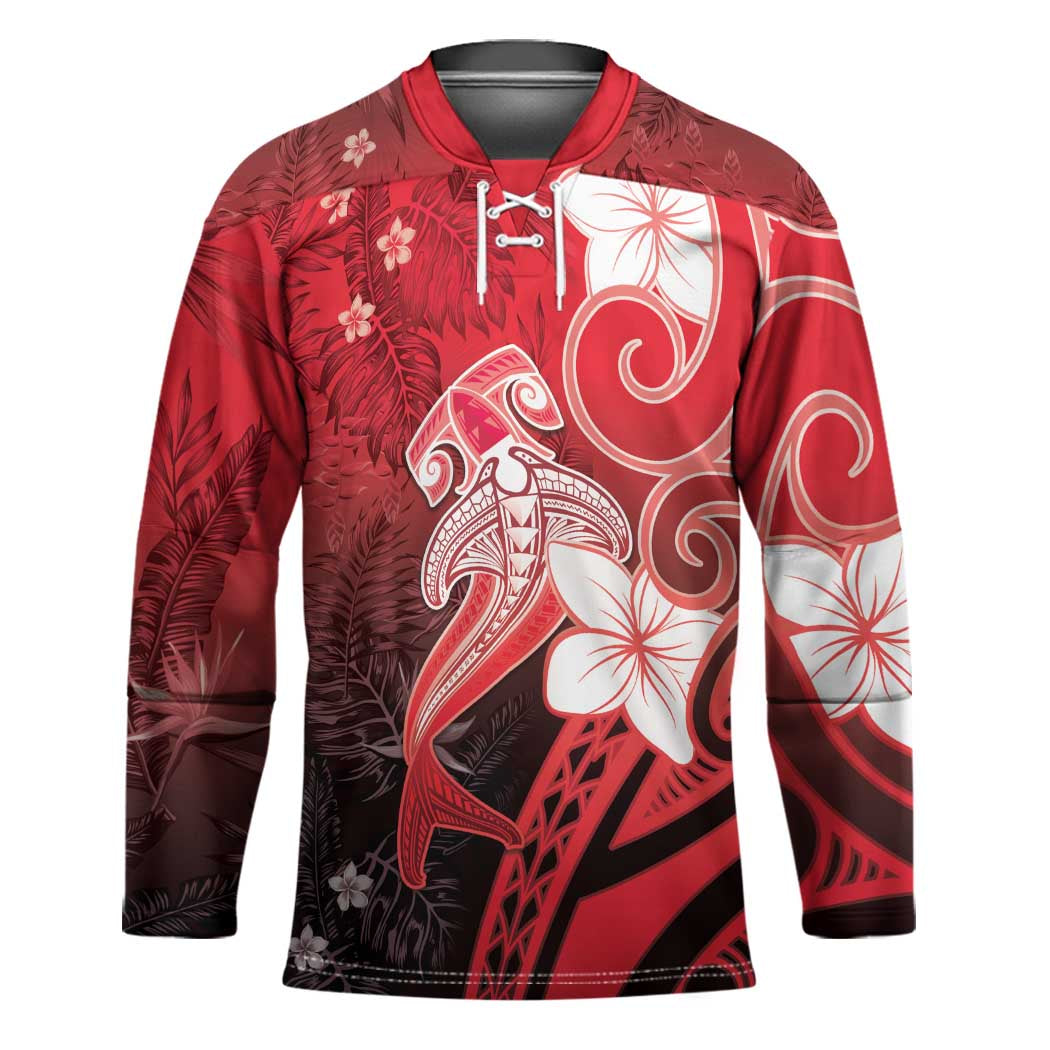 Polynesia Hammerhead Shark Hockey Jersey Red Tribal Pattern With Plumeria LT05 Unisex Red - Polynesian Pride