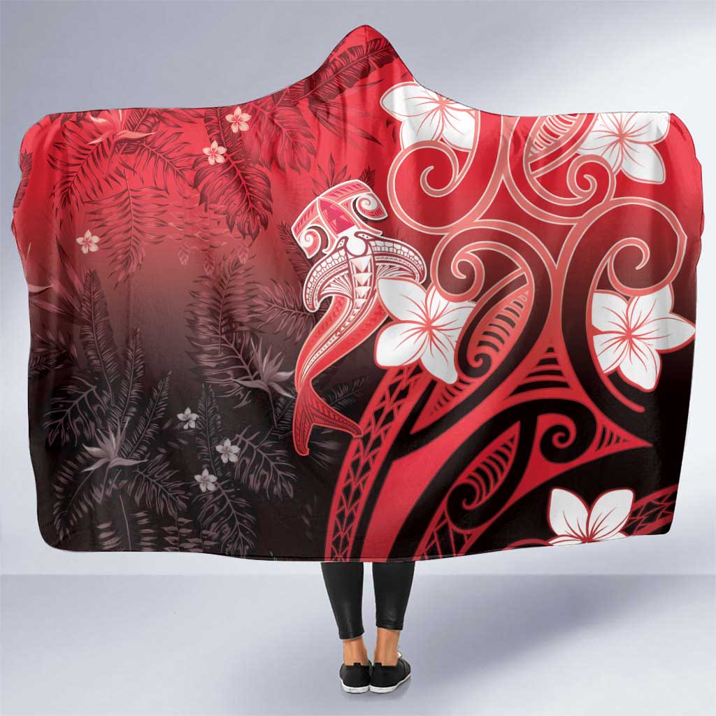 Polynesia Hammerhead Shark Hooded Blanket Red Tribal Pattern With Plumeria LT05 One Size Red - Polynesian Pride