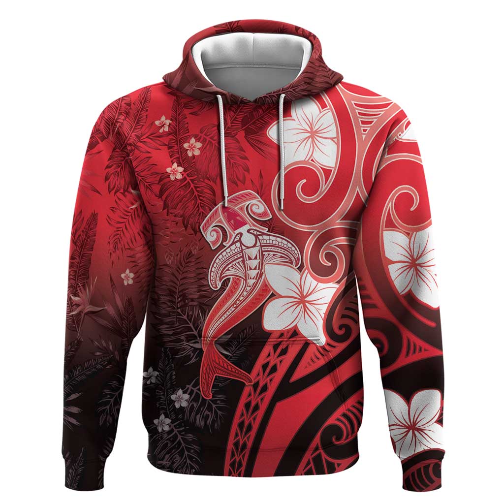 Polynesia Hammerhead Shark Hoodie Red Tribal Pattern With Plumeria LT05 Pullover Hoodie Red - Polynesian Pride