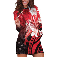 Polynesia Hammerhead Shark Hoodie Dress Red Tribal Pattern With Plumeria - Polynesian Pride
