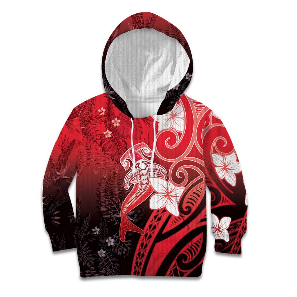 Polynesia Hammerhead Shark Kid Hoodie Red Tribal Pattern With Plumeria LT05 Hoodie Red - Polynesian Pride