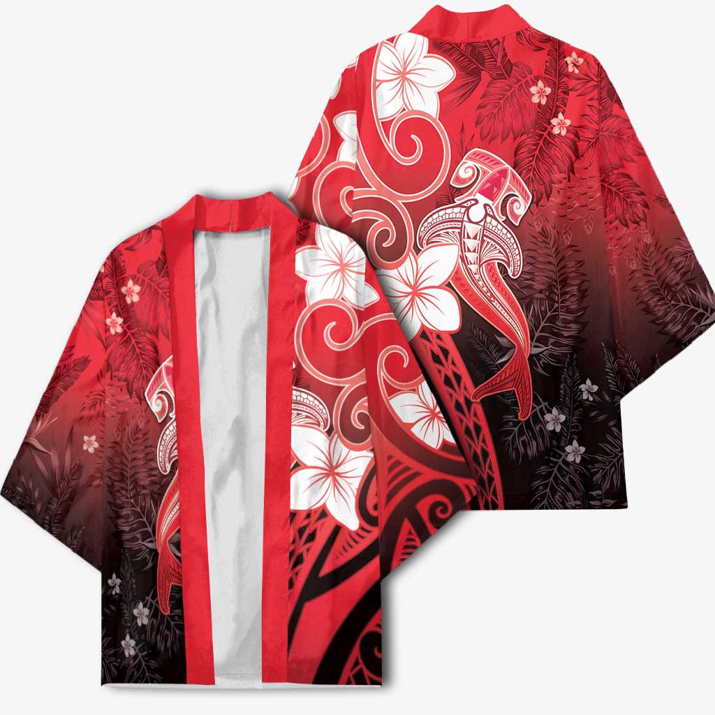 Polynesia Hammerhead Shark Kimono Red Tribal Pattern With Plumeria LT05 - Polynesian Pride