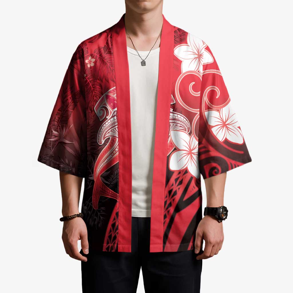 Polynesia Hammerhead Shark Kimono Red Tribal Pattern With Plumeria LT05 - Polynesian Pride