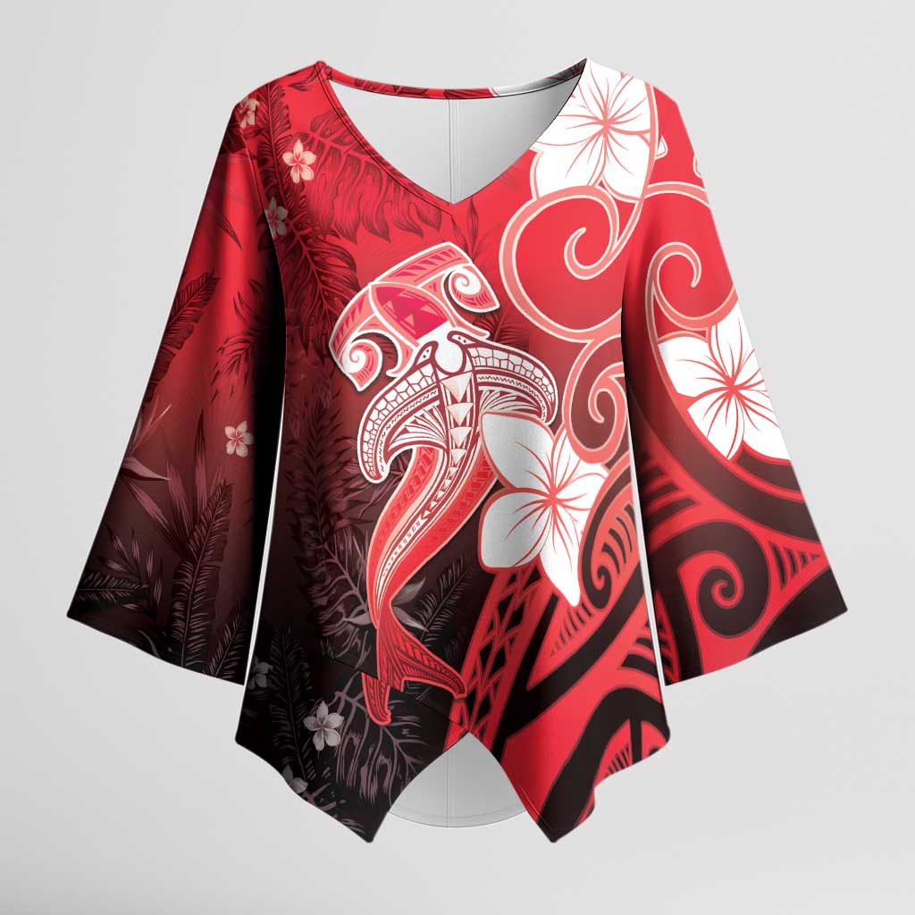 Polynesia Hammerhead Shark Kimono Sleeve Blouse Red Tribal Pattern With Plumeria LT05 Female Red - Polynesian Pride
