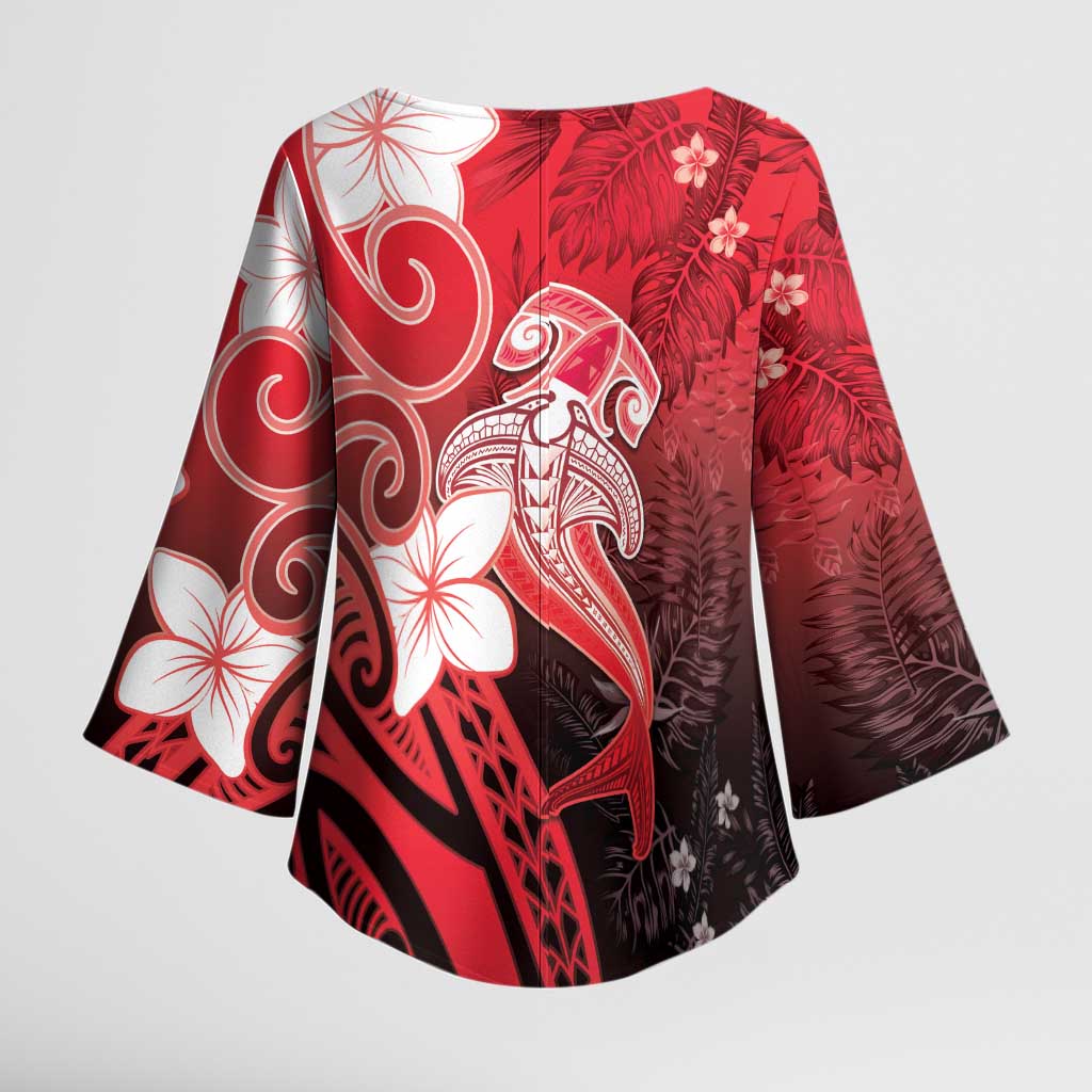 Polynesia Hammerhead Shark Kimono Sleeve Blouse Red Tribal Pattern With Plumeria LT05 - Polynesian Pride