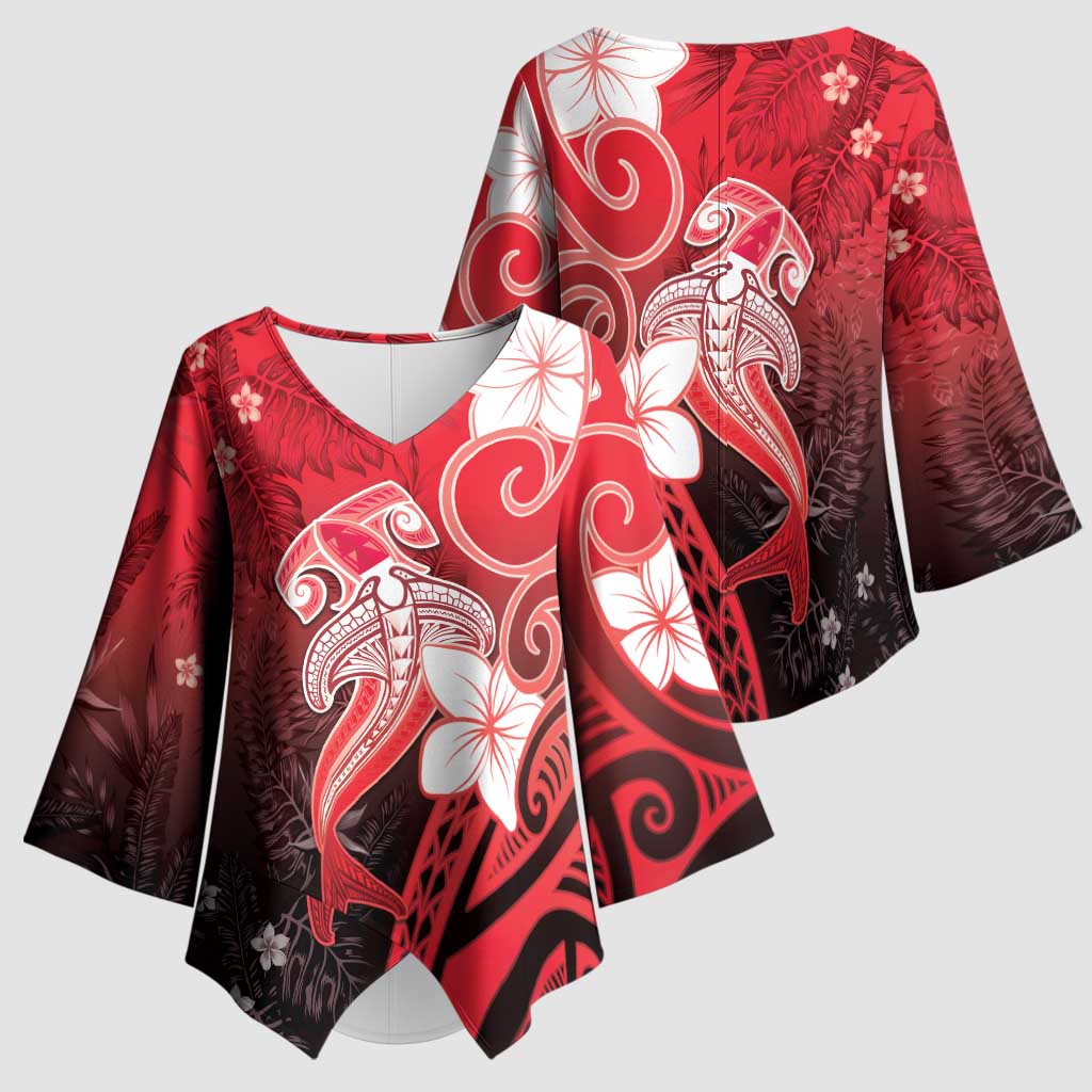 Polynesia Hammerhead Shark Kimono Sleeve Blouse Red Tribal Pattern With Plumeria LT05 - Polynesian Pride