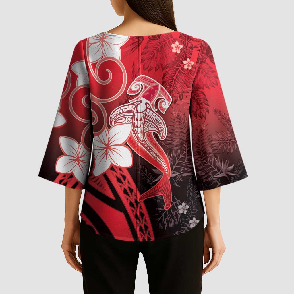 Polynesia Hammerhead Shark Kimono Sleeve Blouse Red Tribal Pattern With Plumeria LT05 - Polynesian Pride