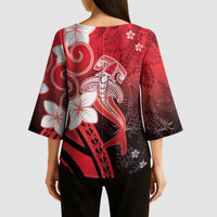 Polynesia Hammerhead Shark Kimono Sleeve Blouse Red Tribal Pattern With Plumeria LT05 - Polynesian Pride