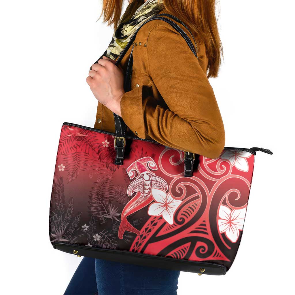 Polynesia Hammerhead Shark Leather Tote Bag Red Tribal Pattern With Plumeria LT05 Red - Polynesian Pride