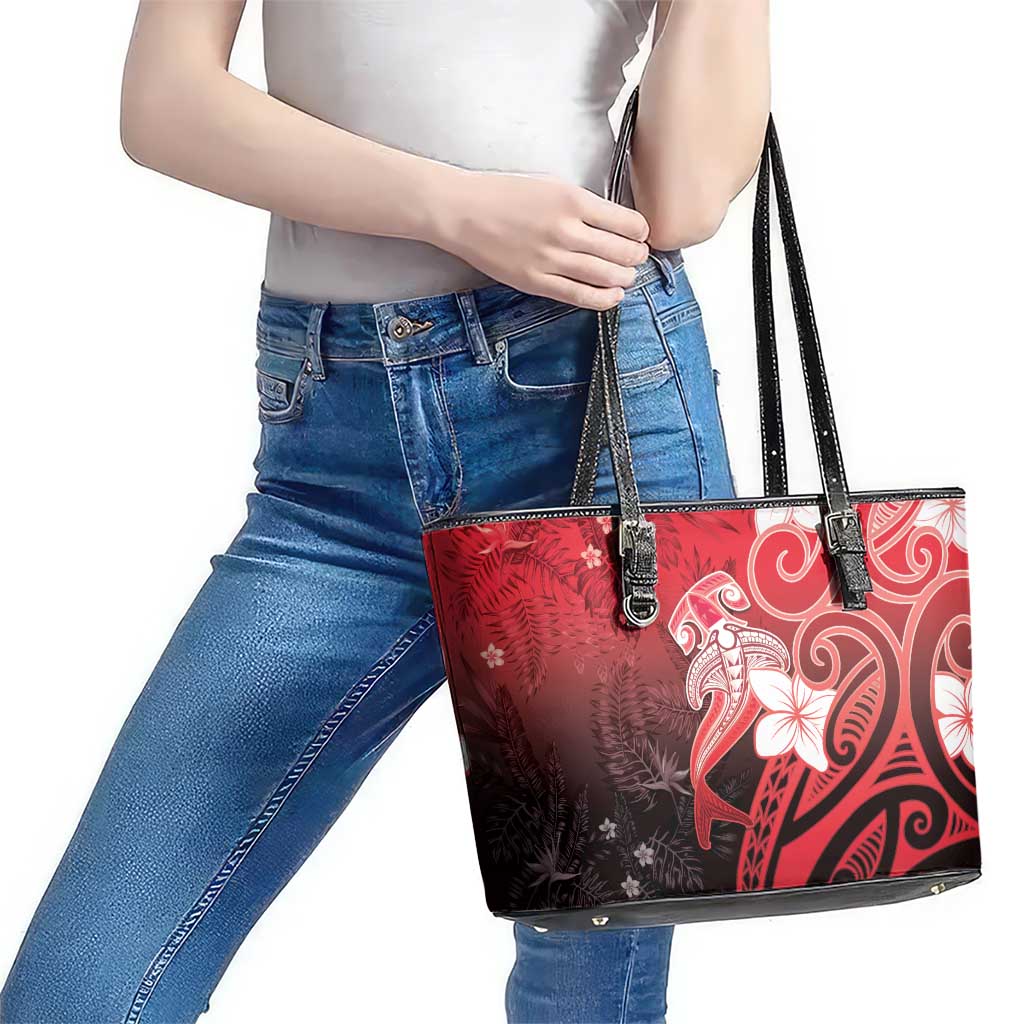 Polynesia Hammerhead Shark Leather Tote Bag Red Tribal Pattern With Plumeria LT05 - Polynesian Pride