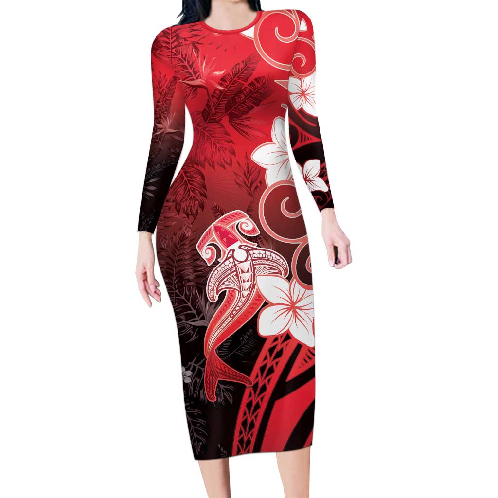 Polynesia Hammerhead Shark Long Sleeve Bodycon Dress Red Tribal Pattern With Plumeria LT05 Long Dress Red - Polynesian Pride