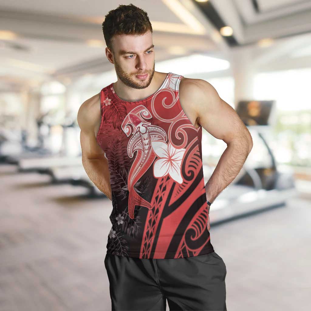 Polynesia Hammerhead Shark Men Tank Top Red Tribal Pattern With Plumeria LT05 Red - Polynesian Pride