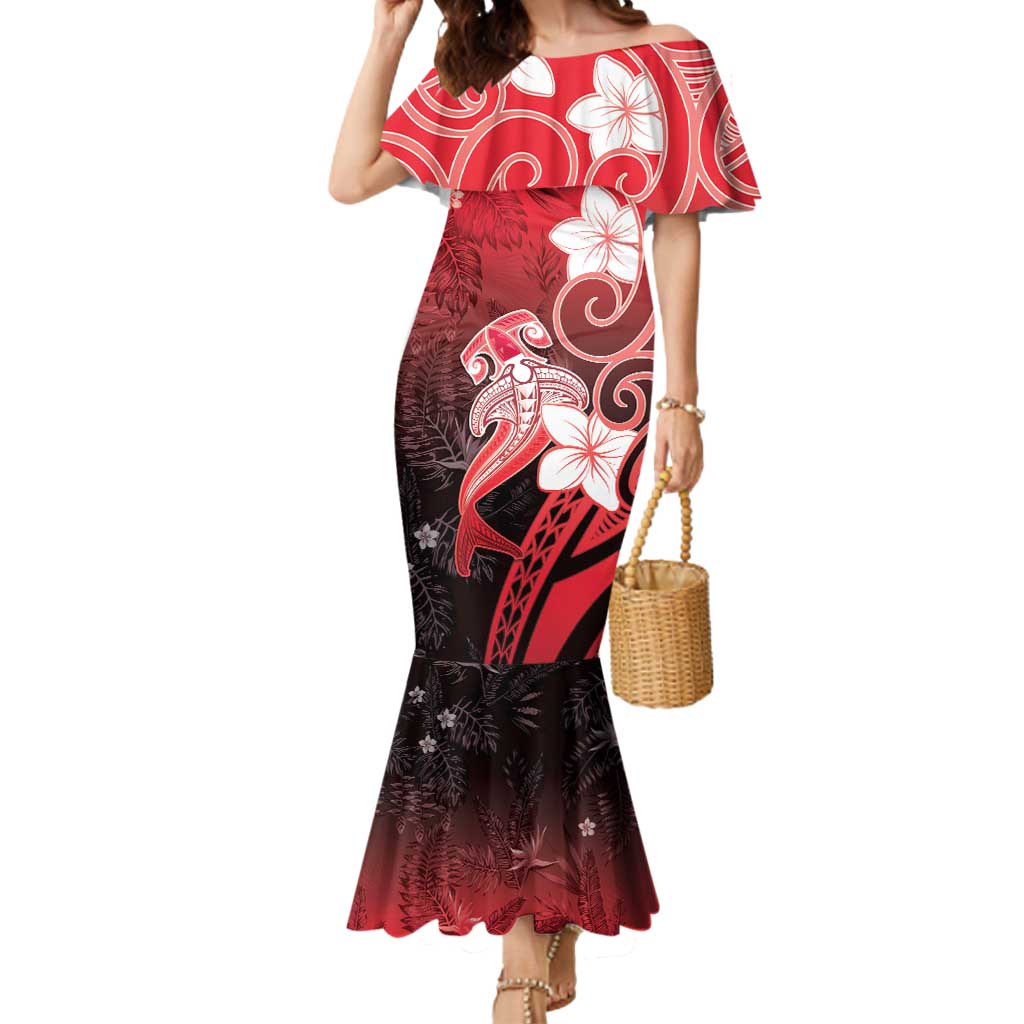Polynesia Hammerhead Shark Mermaid Dress Red Tribal Pattern With Plumeria - Polynesian Pride